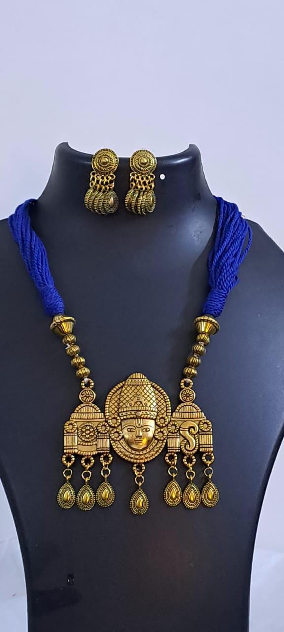 Royal blue thread necklace with Golden oxidised traditional pendant