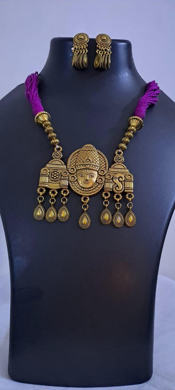 Pink thread necklace with Golden oxidised traditional pendant