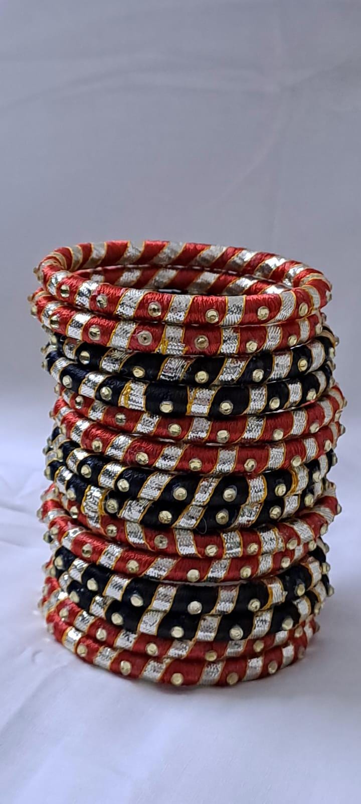 Red and black colour traditional kundan n gotta patti bangles with zari box  (set of 14 bangles)