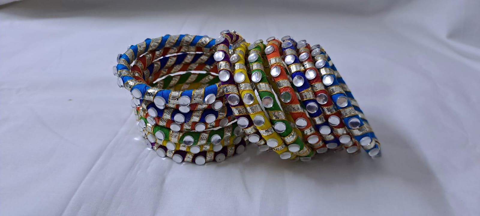 Multi colour traditional zari thread bangles with kundan (set of 14 bangles)