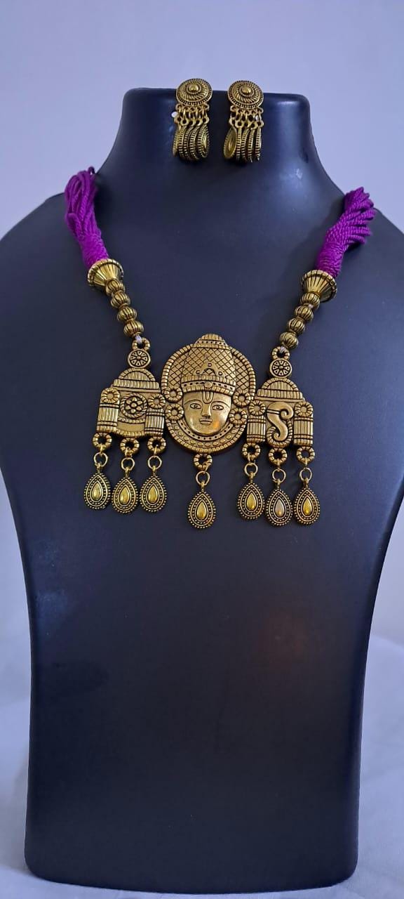 Pink thread necklace with Golden oxidised traditional pendant