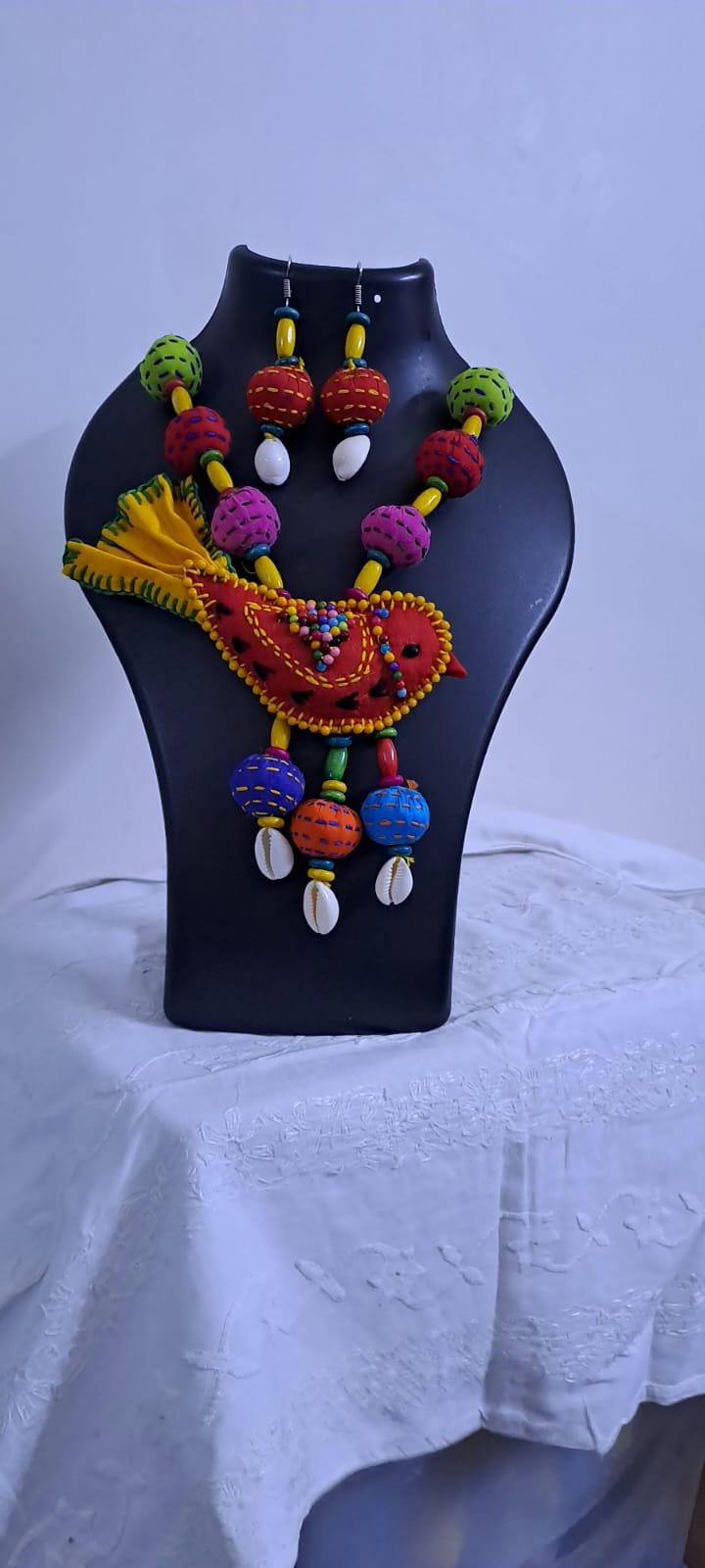 Exclusive fabric necklace with embroidered red fabric bird pendant and fabric beads n matching beads
