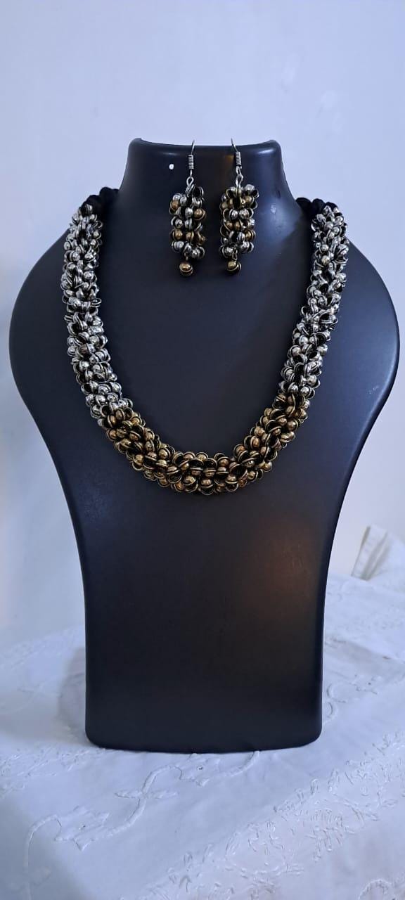 Exclusive silver oxidised traditional trinket beads necklace and matching earrings