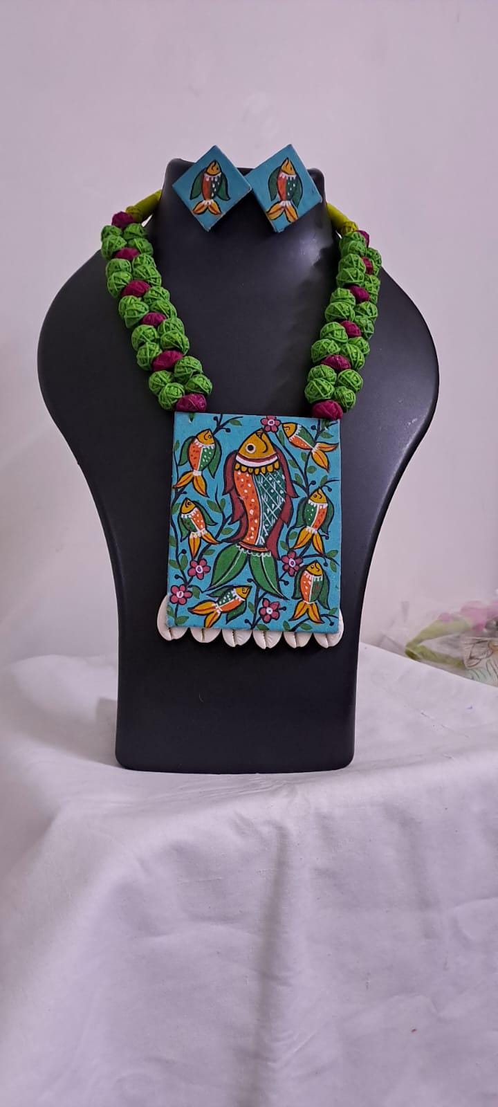 Handpainted fabric necklace set with earrings