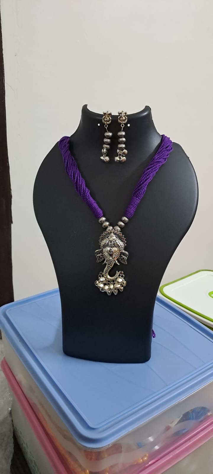 Purple thread necklace with oxidised silver ganesha pendant