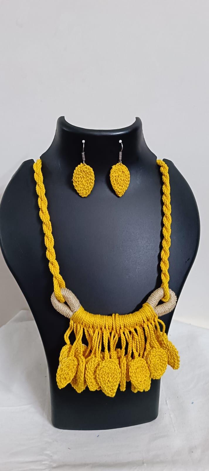 Yellow Crochet thread necklace set with leaf fringes and matching earrings