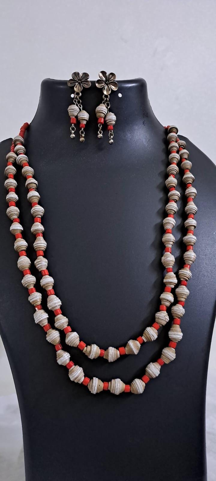 Brown paper beads n red glass beads necklace set