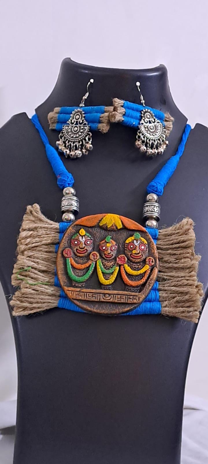 Terracotta Lord Jagannath pendant jute necklace set with matching earrings