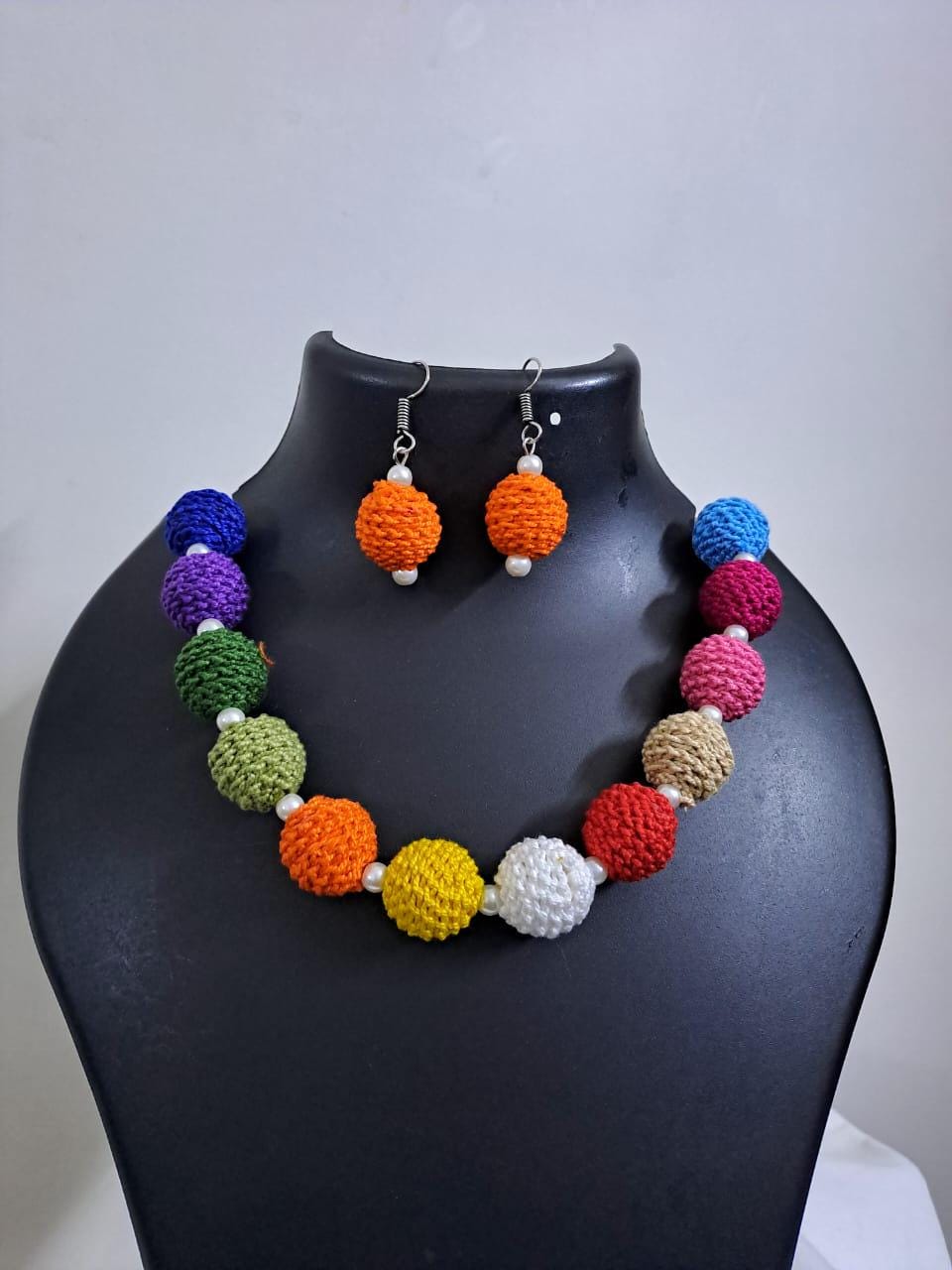 Crochet thread beads necklace set with matching earrings