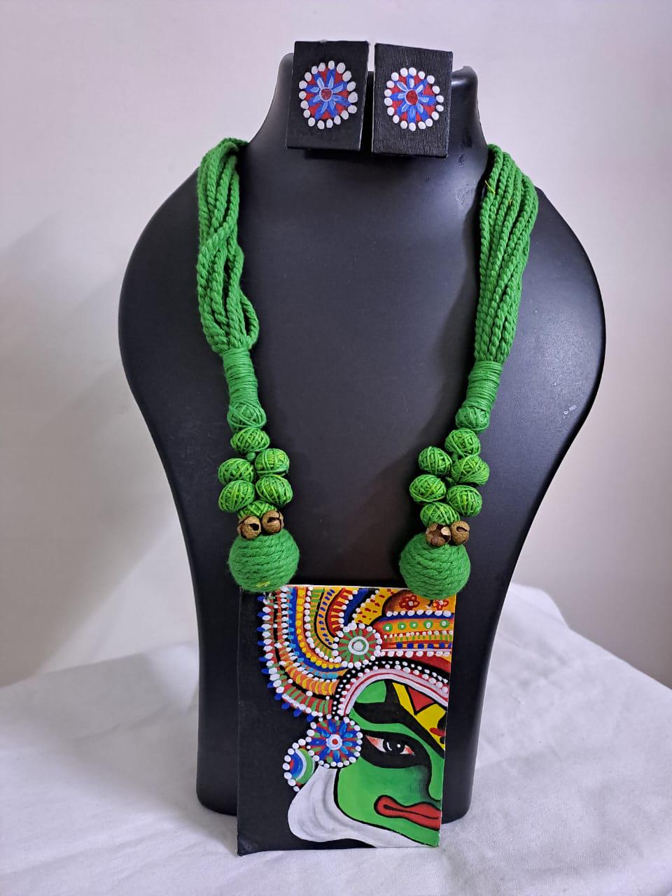 Handpainted fabric jewellery set with matching earrings
