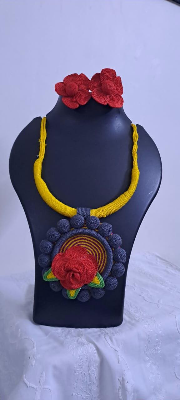 Exclusive multicoloured thread necklace set with round thread pendant n matching flower earrings