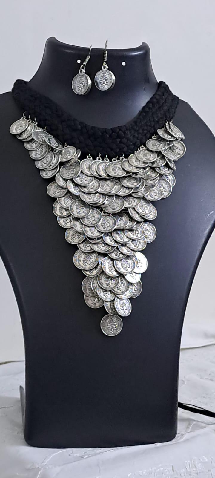 Braided black choker necklace set with multi layered fringes n matching earrings
