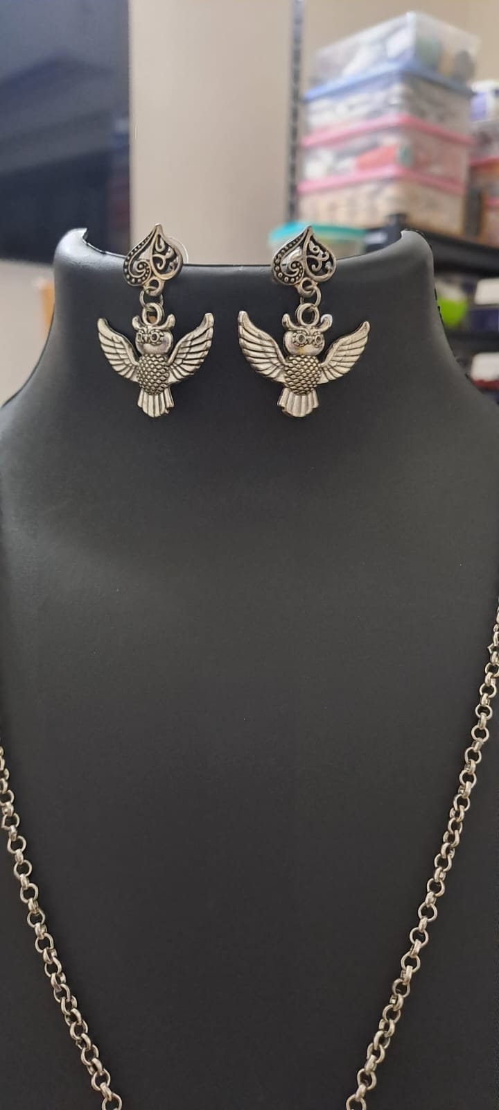Oxidised silver chain with owl pendant and matching earrings.