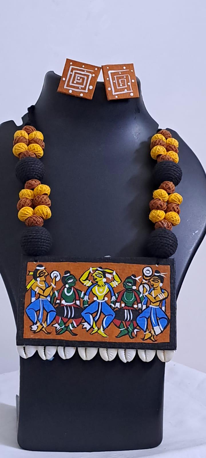 Handpainted fabric necklace set with earrings