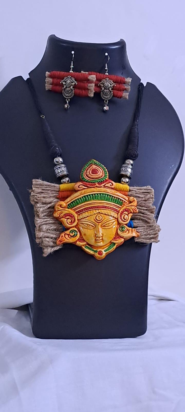 Terracotta Durga pendant jute necklace set with matching earrings