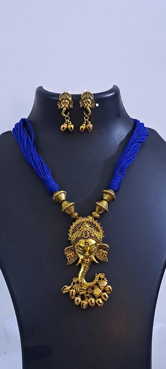 Blue thread necklace with Golden oxidised traditional pendant