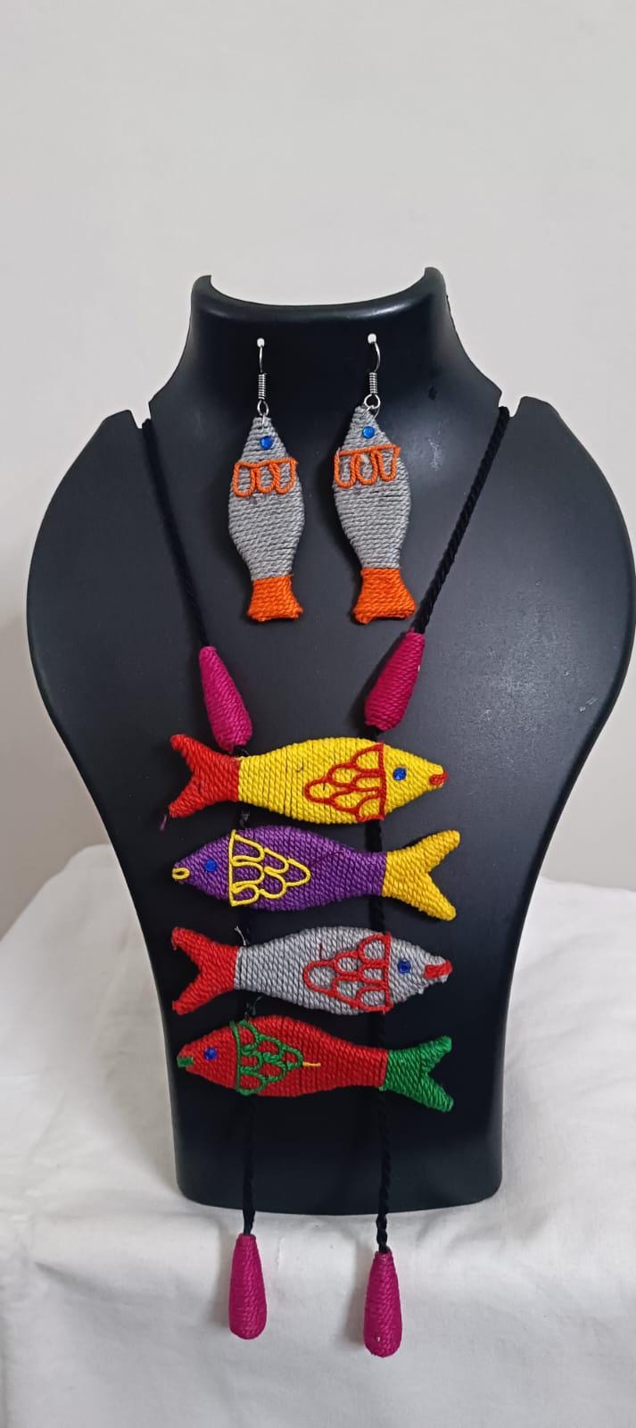 Multi colour crochet thread necklace with fish pendant and matching thread earrings