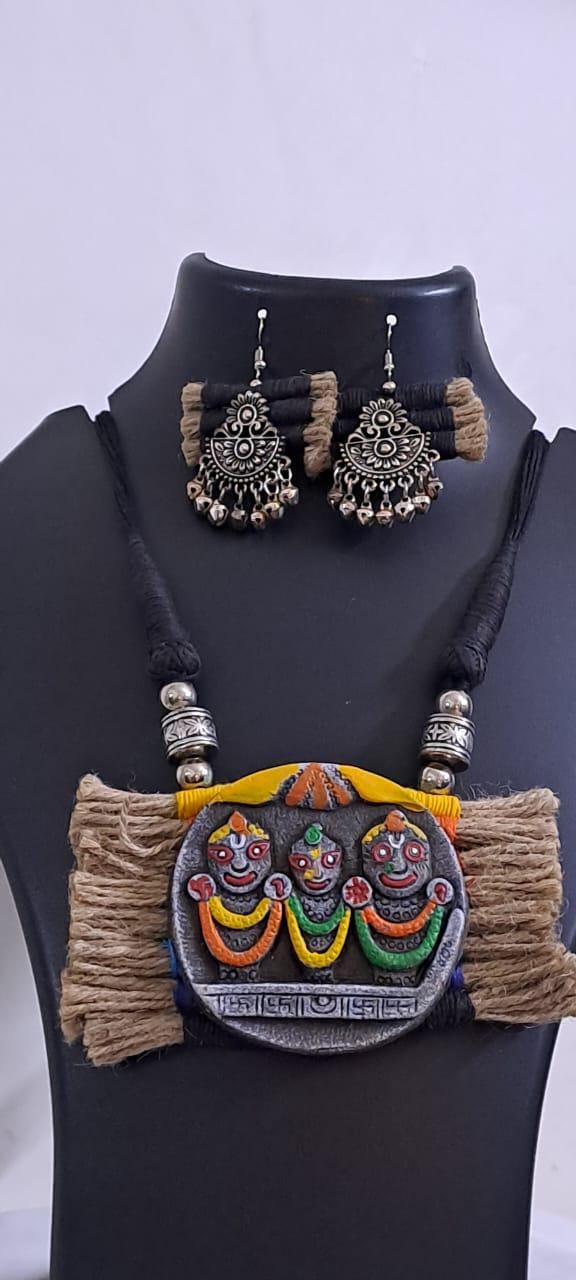Terracotta Lord Jagannath pendant jute necklace set with matching earrings
