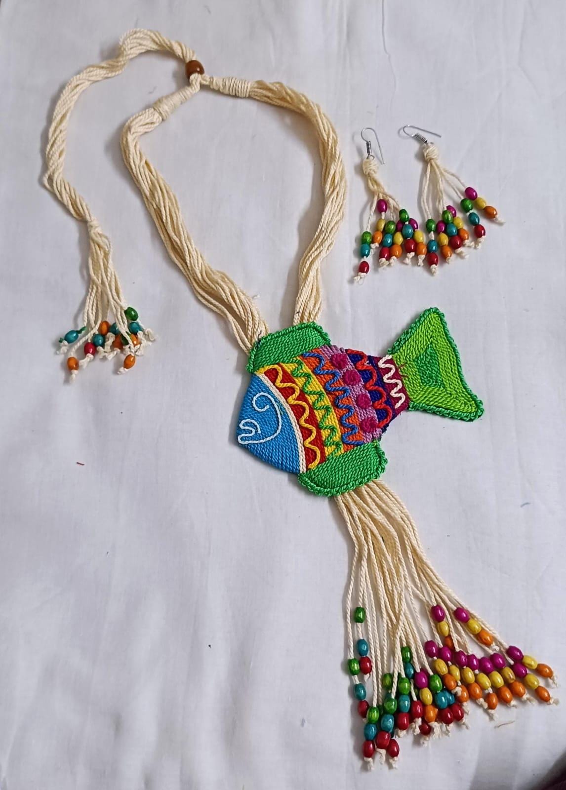 Multi colour thread fish pendant Jewellery. set with matching thread earrings