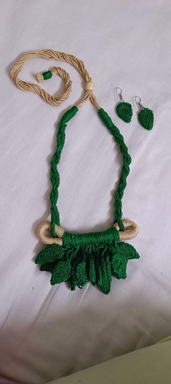 Green Crochet thread necklace set with leaf fringes and matching earrings