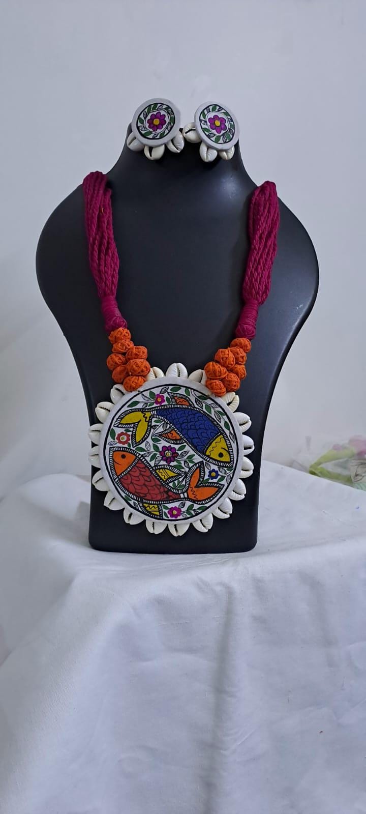 Handpainted fabric jewellery set with matching earrings