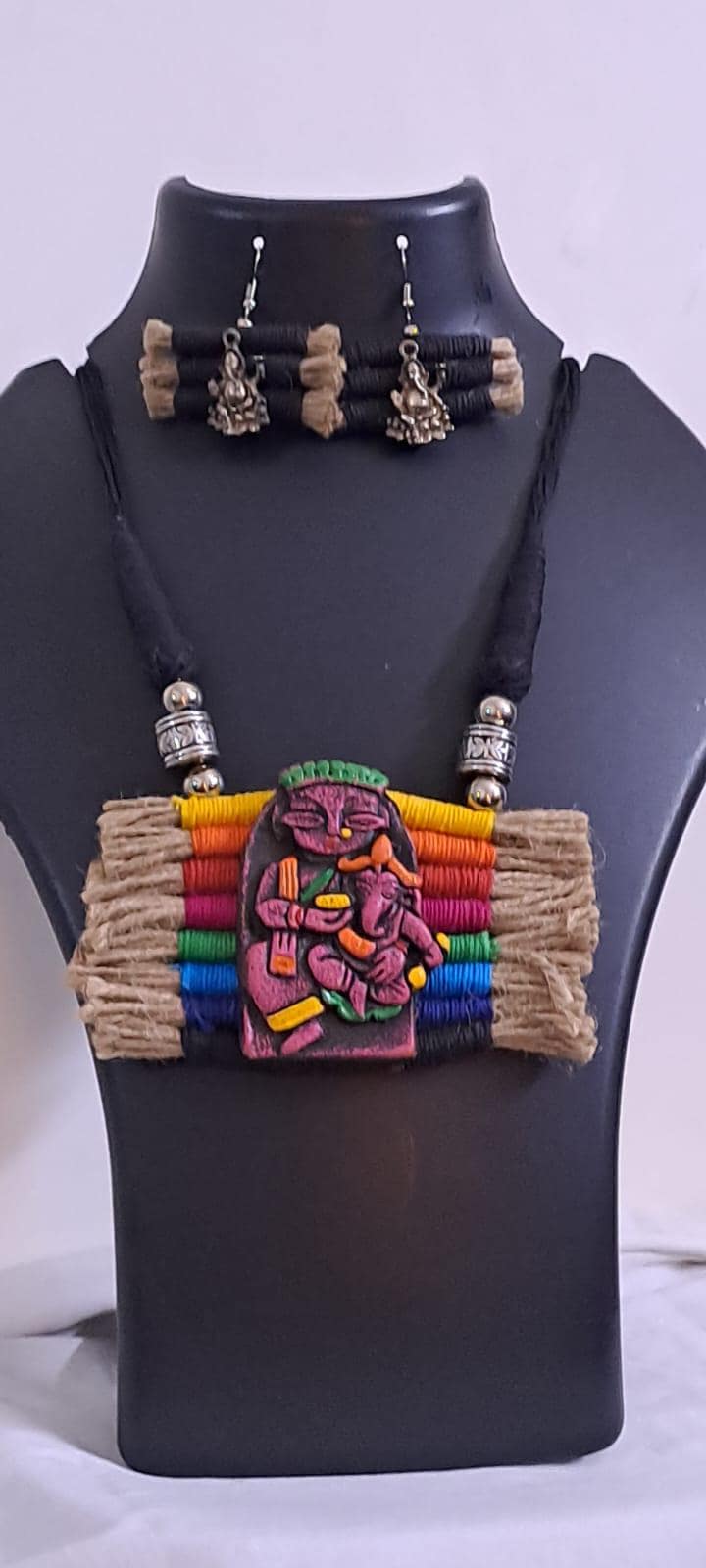 Terracotta Ganesha & Parvati pendant jute necklace set with matching earrings