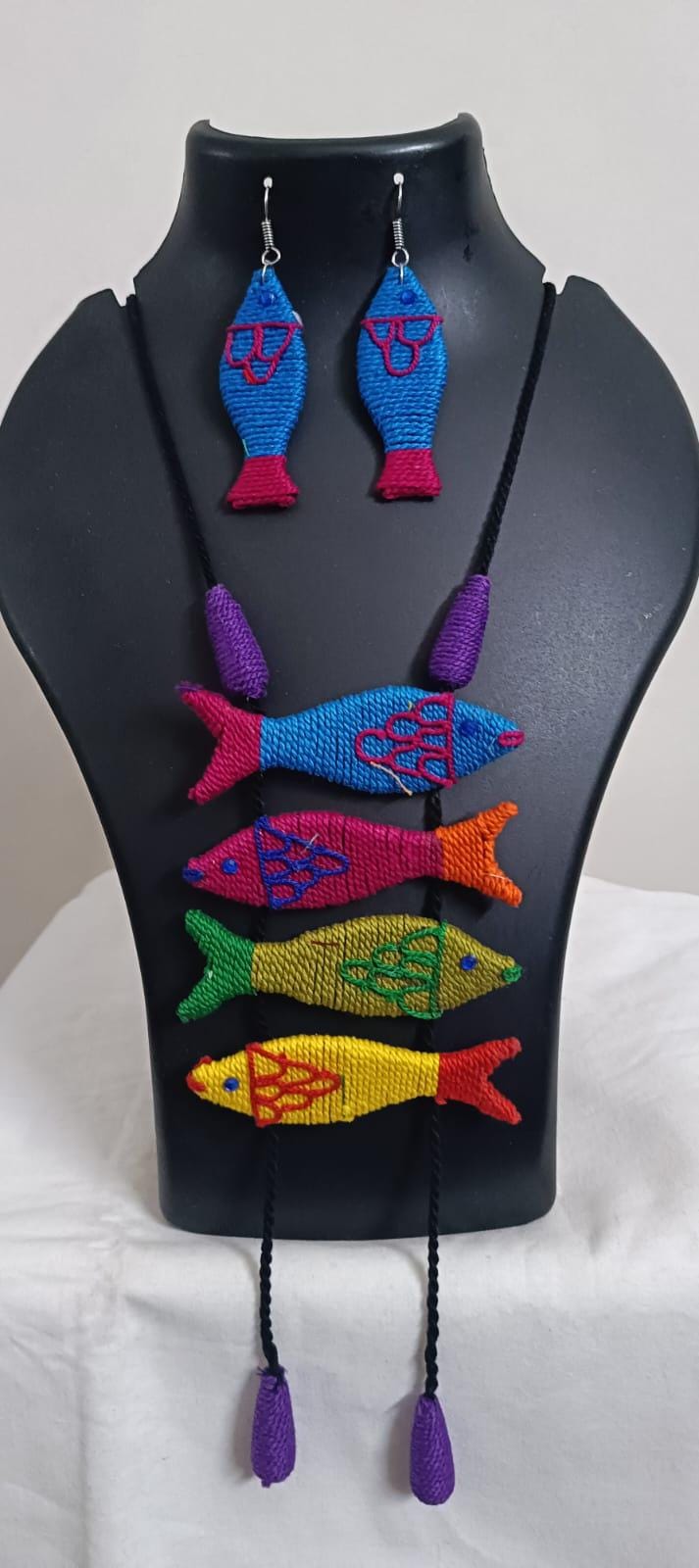 Multi colour crochet thread necklace with fish pendant and matching thread earrings