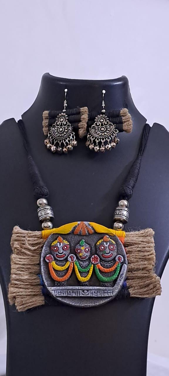 Terracotta Lord Jagannath pendant jute necklace set with matching earrings