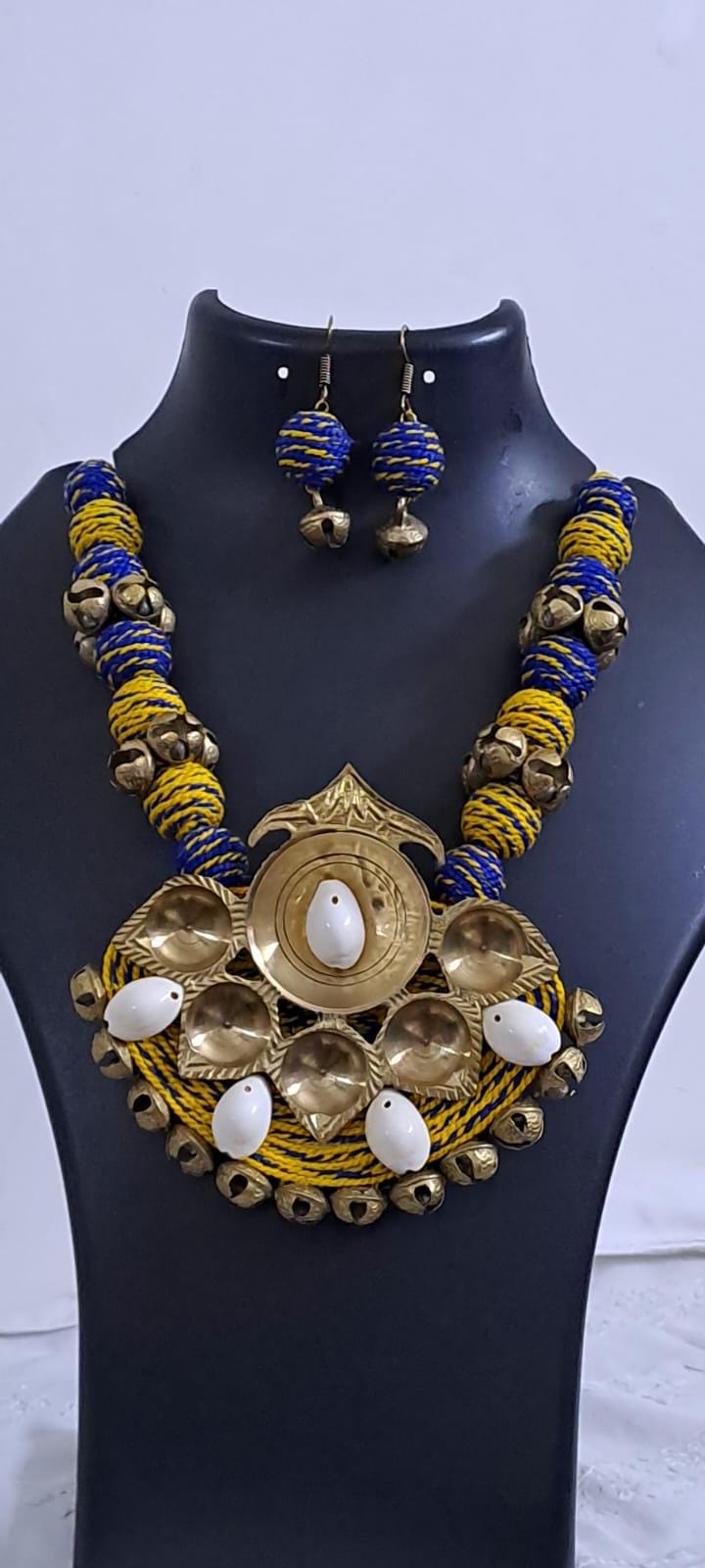 Blue yellow thread beads necklace set with dokra pendant n matching earrings