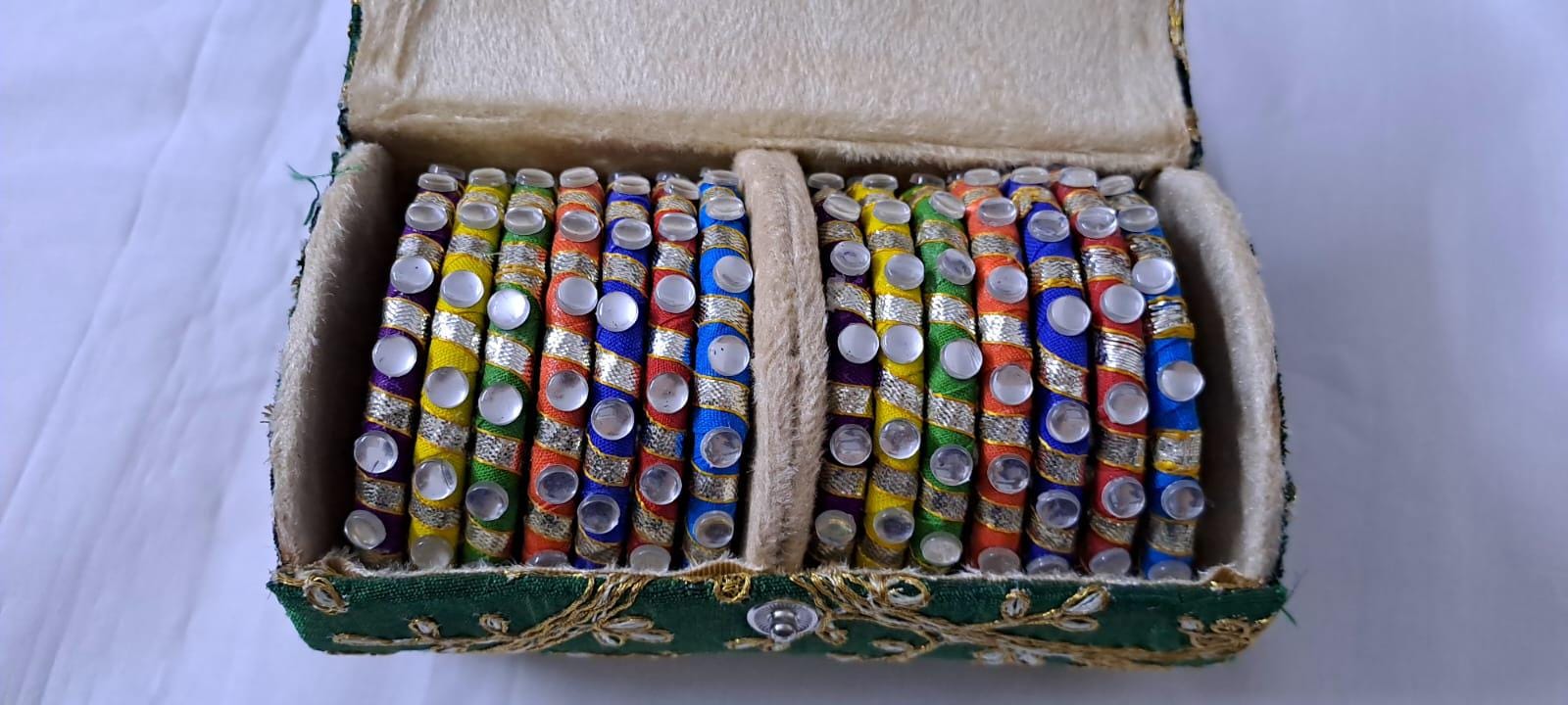 Multi colour traditional zari thread bangles with kundan (set of 14 bangles)