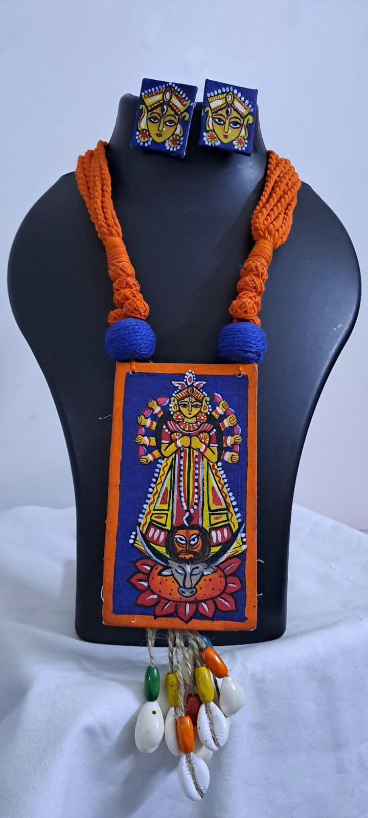 Handpainted fabric necklace set with earrings