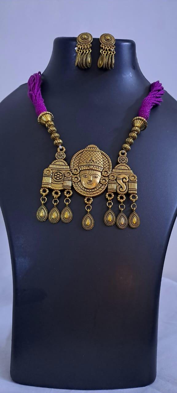 Pink thread necklace with Golden oxidised traditional pendant