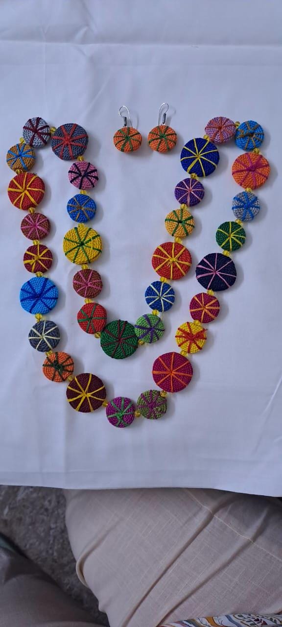 Exclusive multicoloured flat thread beads long necklace set with matching earrings (orange)