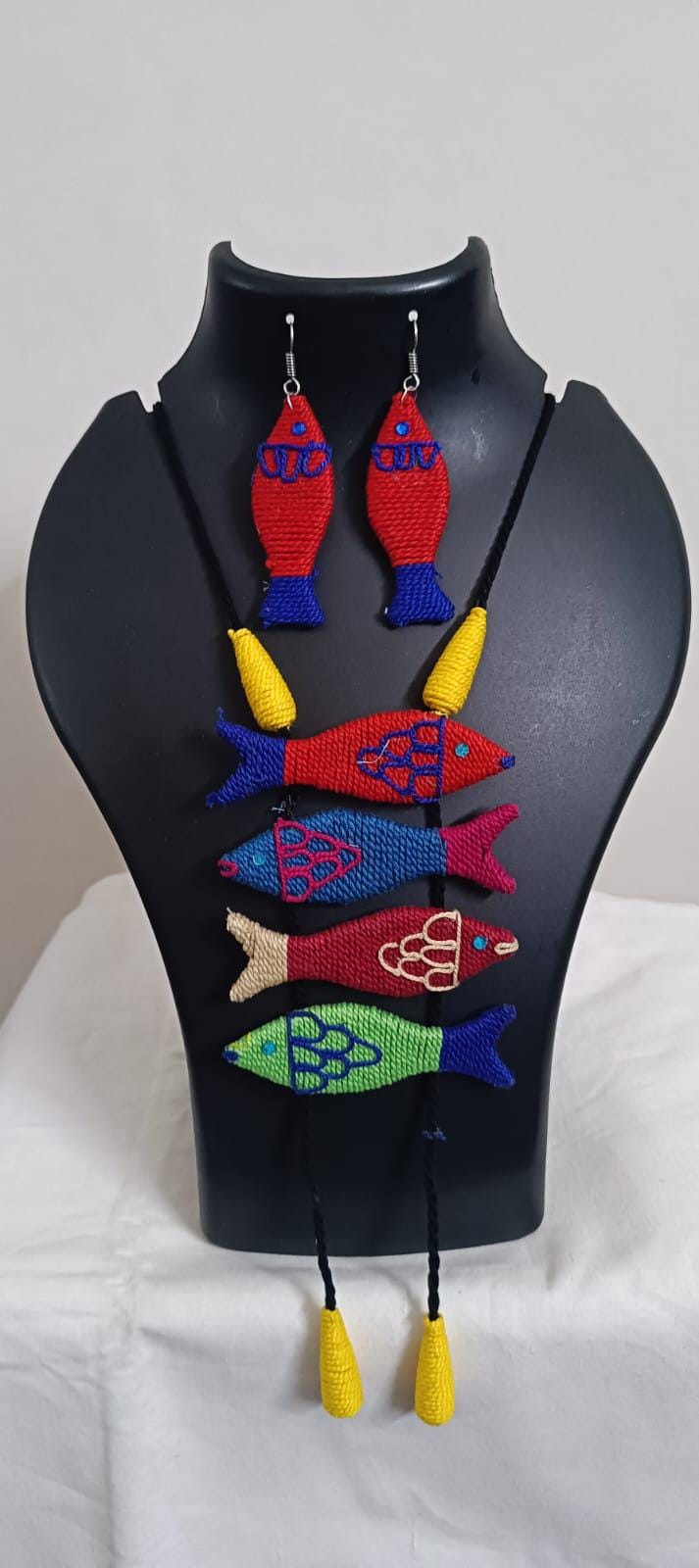 Multi colour crochet thread necklace with fish pendant and matching thread earrings