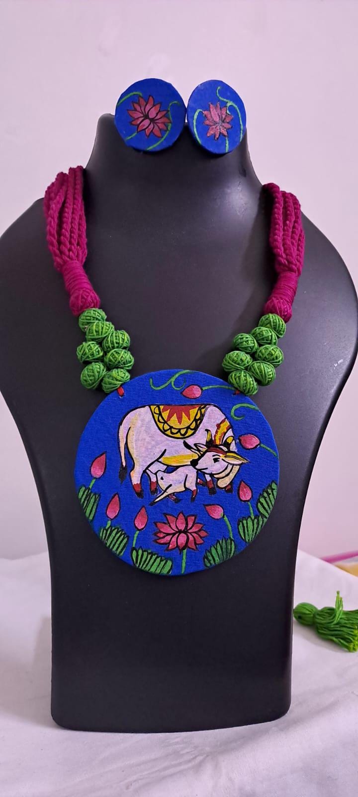Handpainted fabric necklace set with earrings