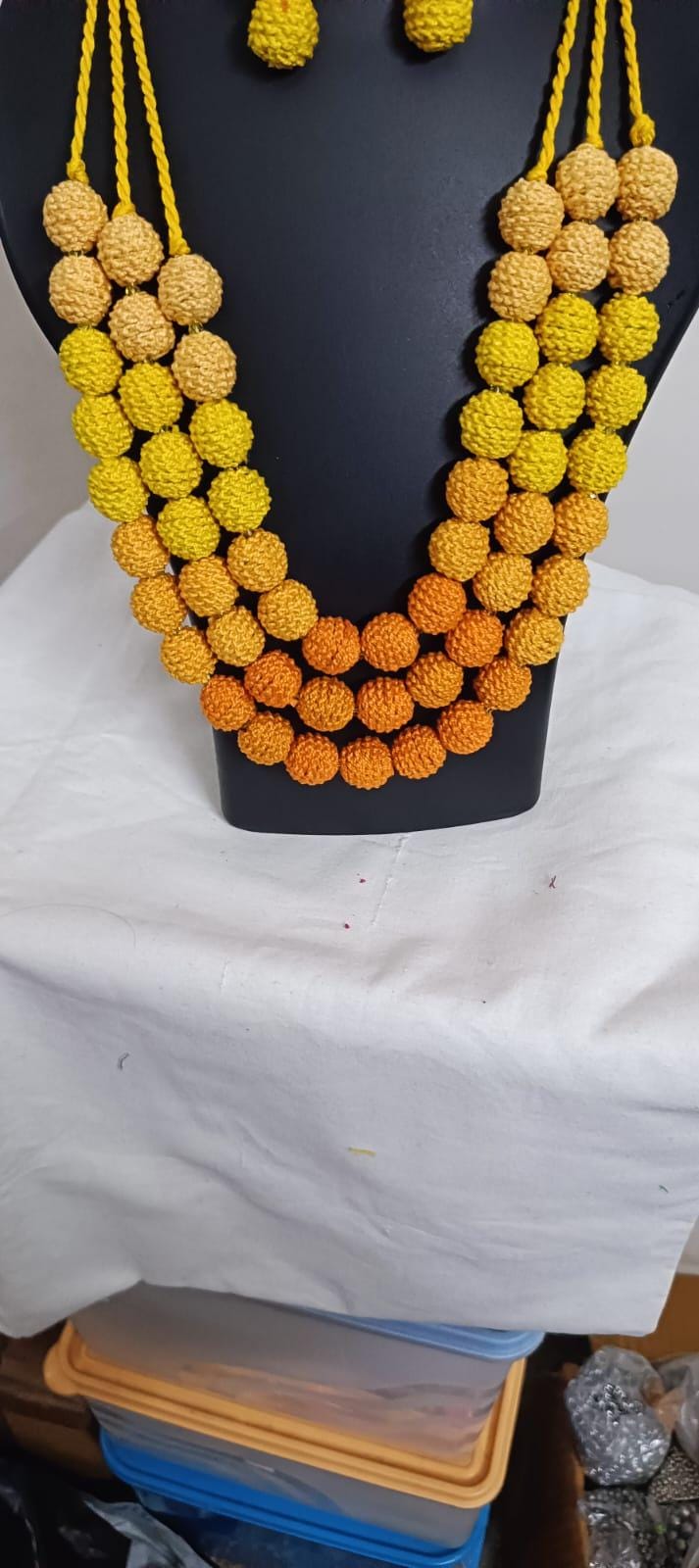 Exclusive 3 layered yellow thread beads necklace set with matching earrings