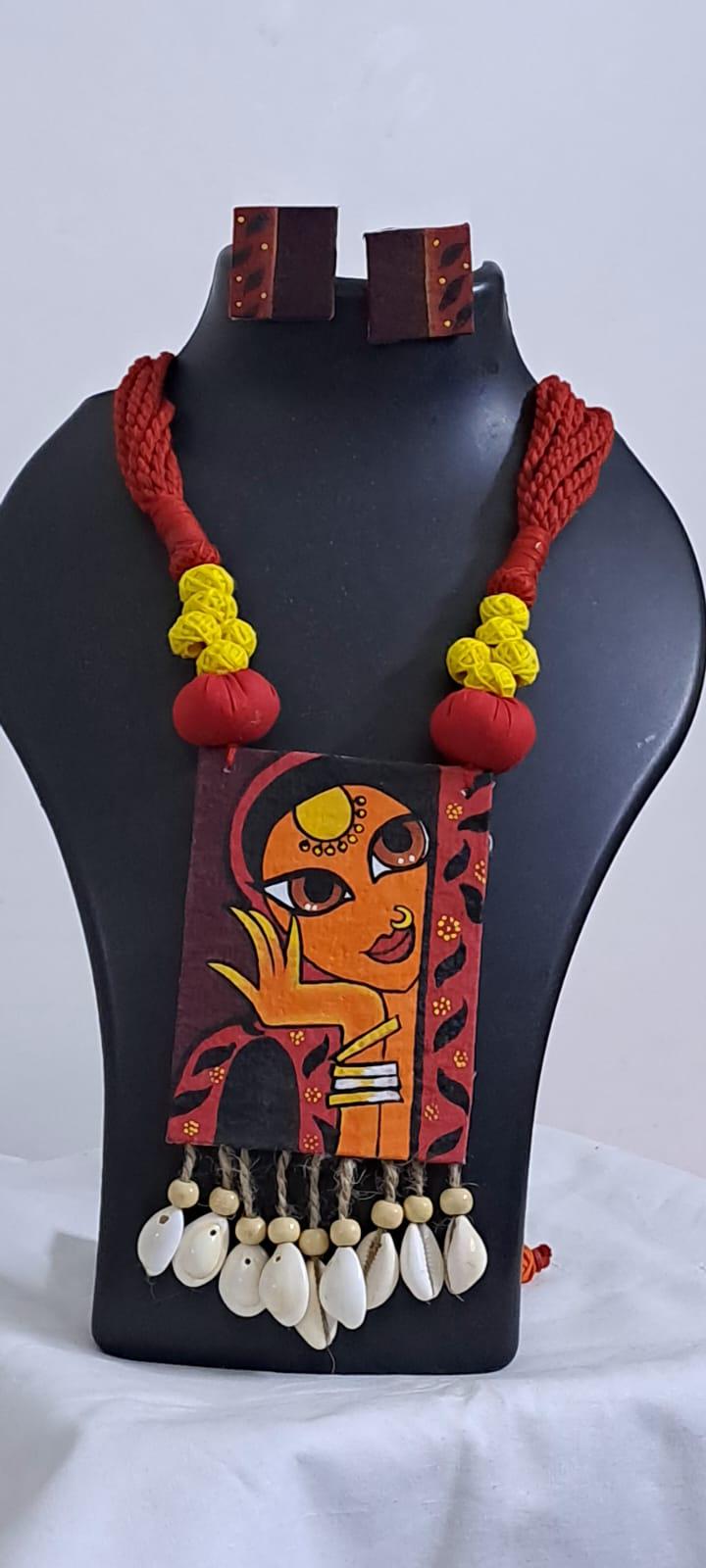 Handpainted fabric necklace set with earrings