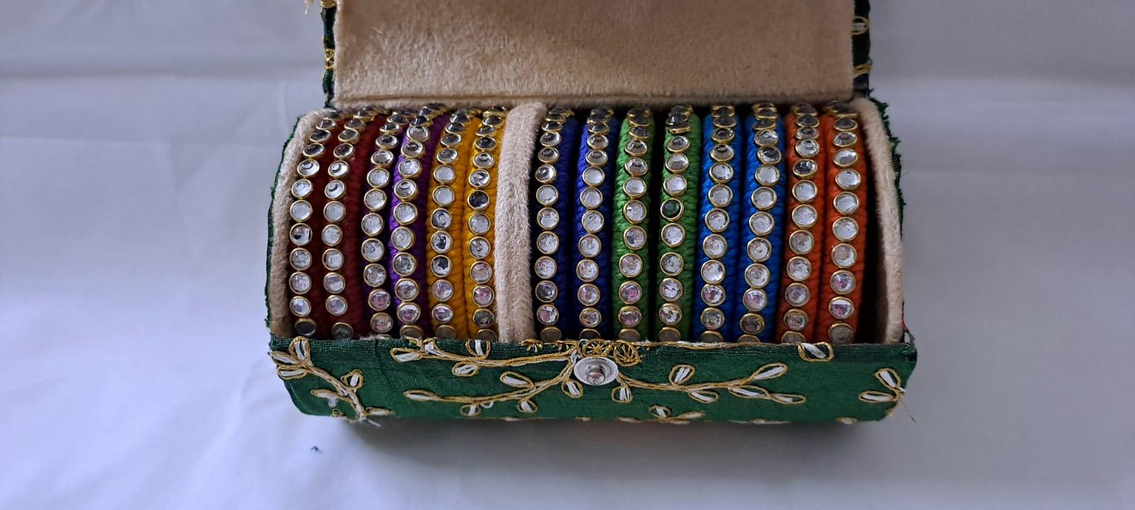 Rainbow colour traditional thread kundan bangles with zari bangle box