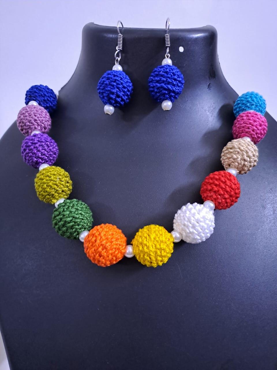 Crochet thread beads necklace set with matching earrings
