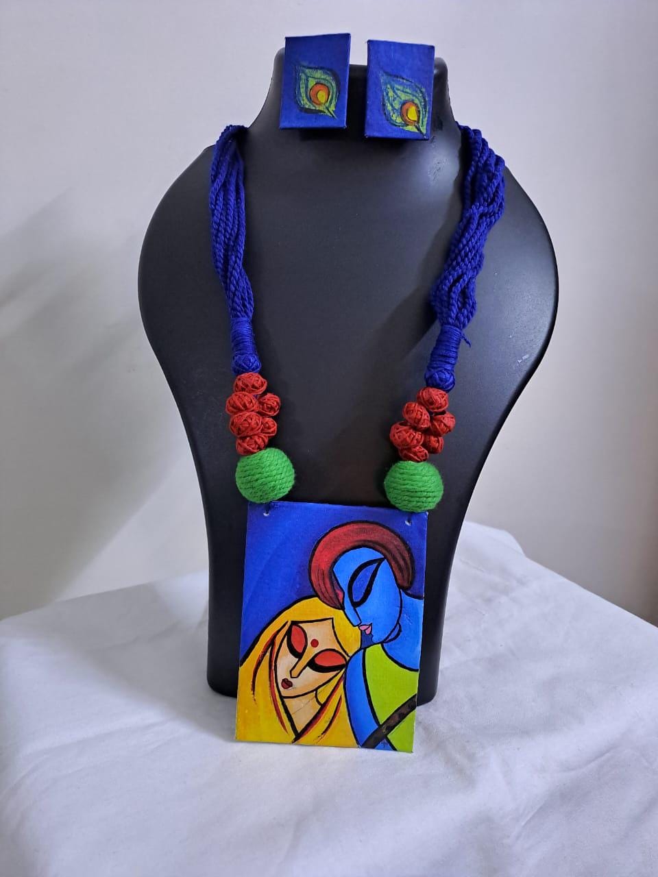 Handpainted fabric jewellery set with matching earrings