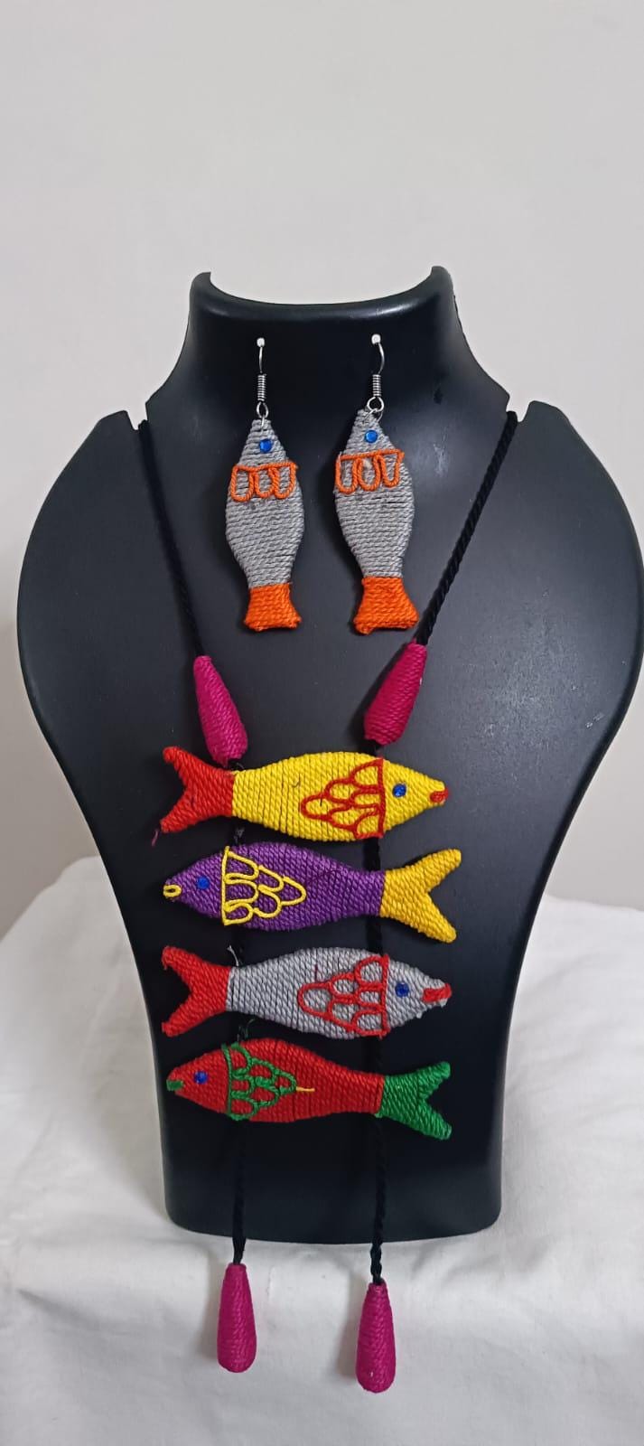Multi colour crochet thread necklace with fish pendant and matching thread earrings