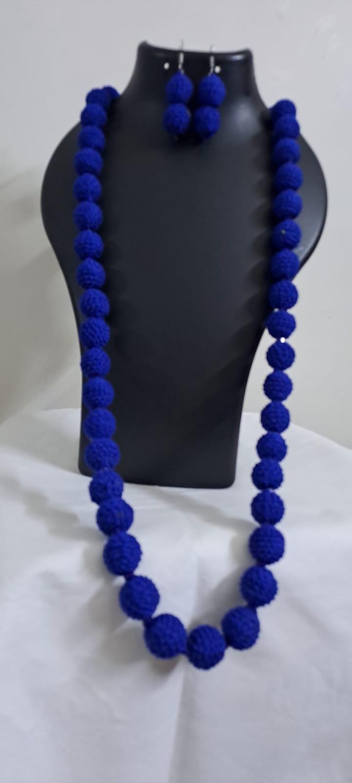Exclusive blue thread beads long necklace set with matching earrings