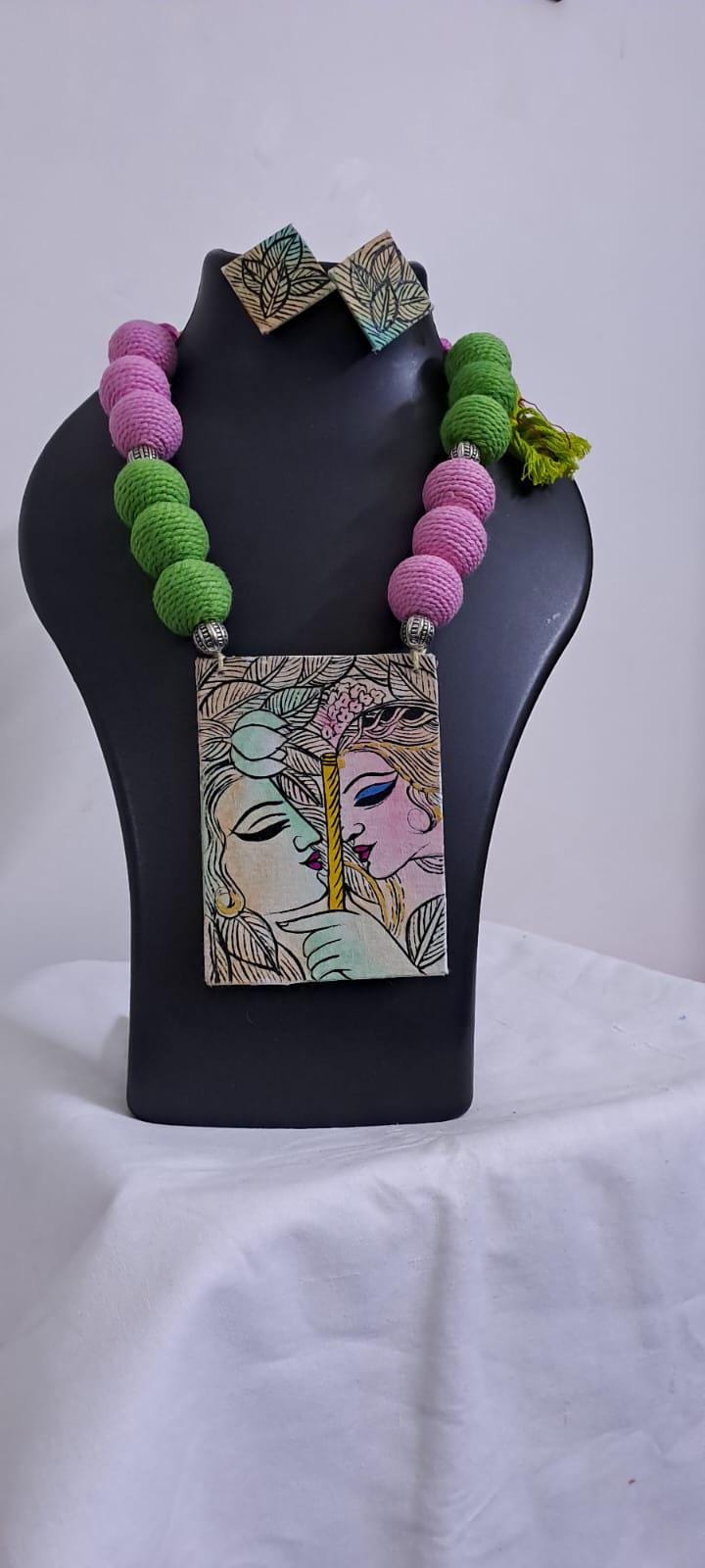 Handpainted fabric necklace set with earrings