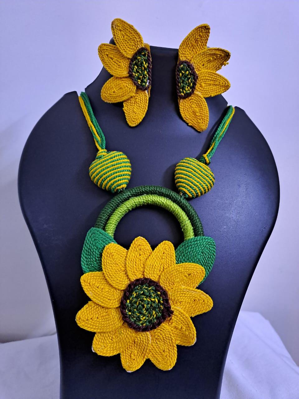Yellow thread necklace set with sunflower pendant n matching earrings