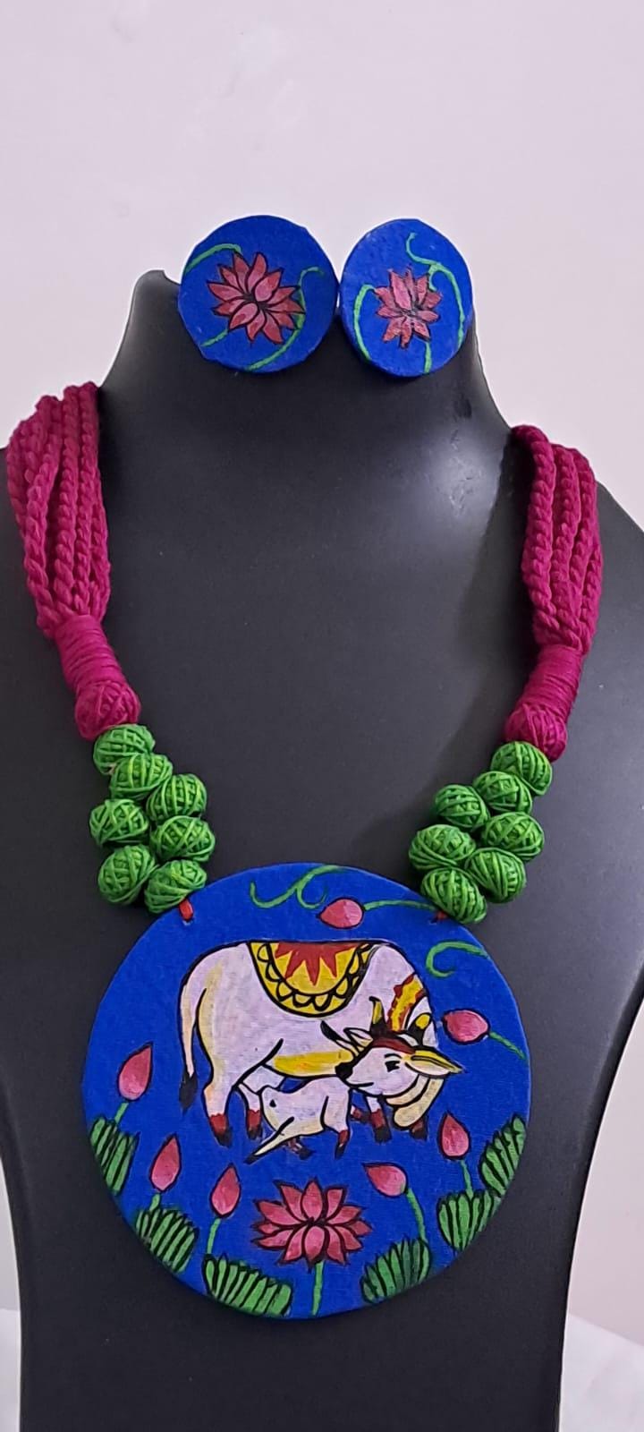 Handpainted fabric necklace set with earrings