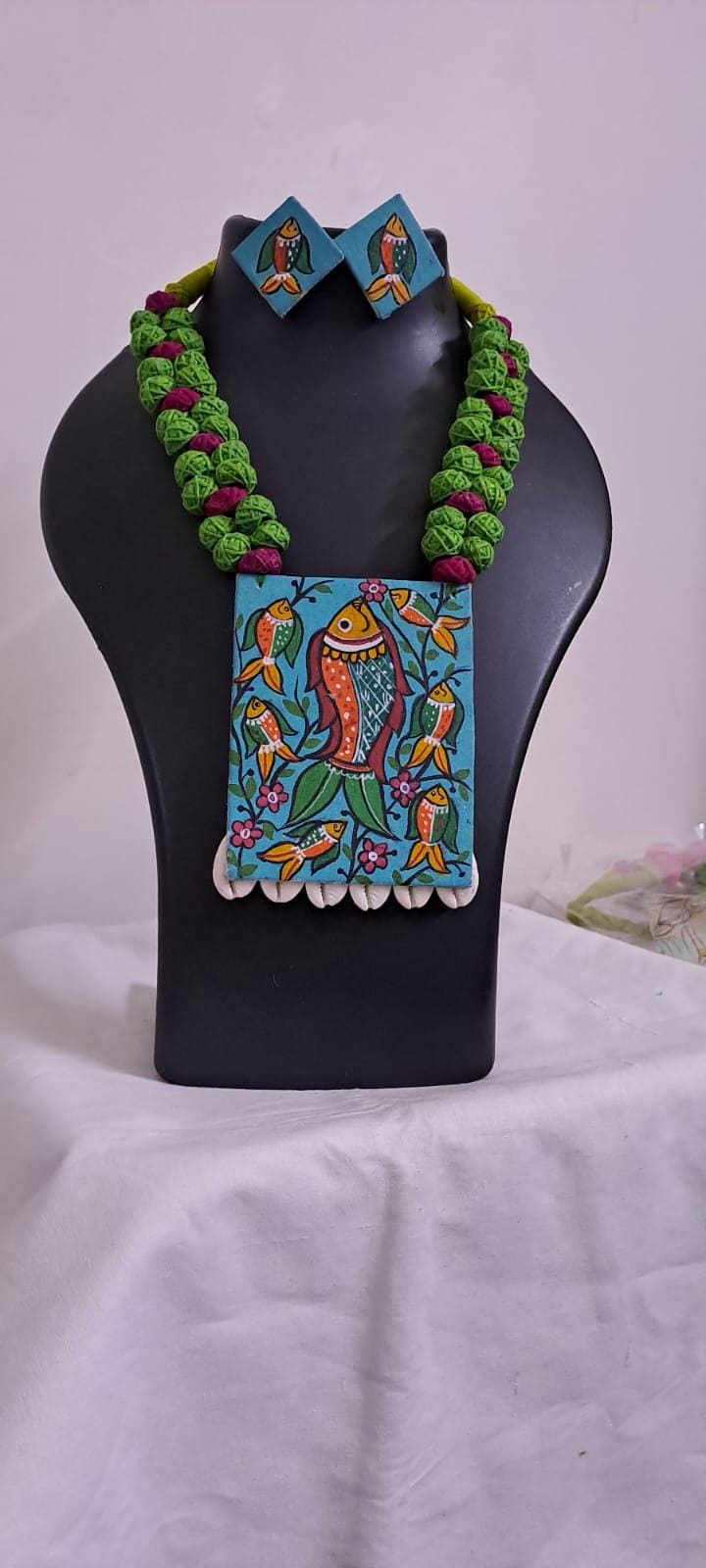 Handpainted fabric necklace set with earrings
