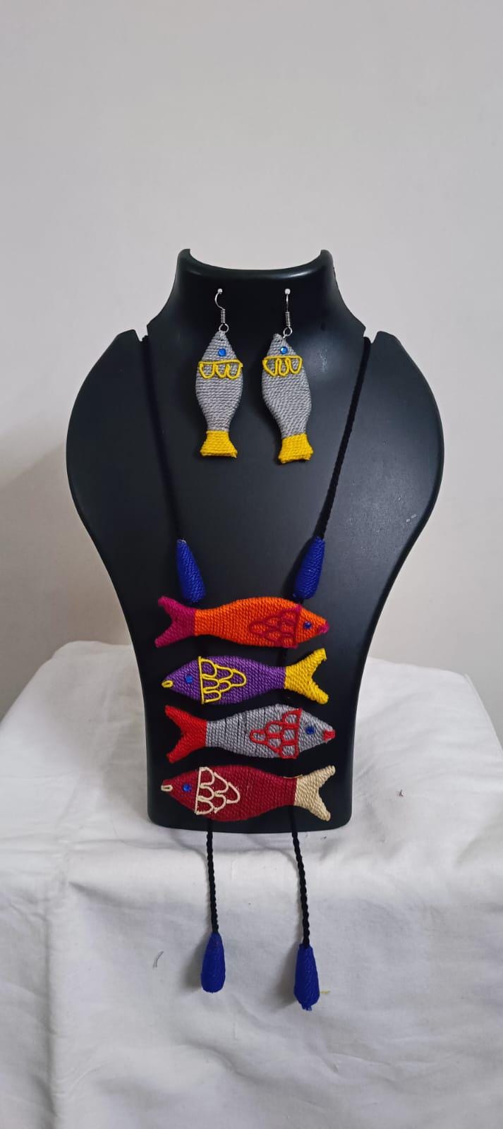 Multi colour crochet thread necklace with fish pendant and matching thread earrings