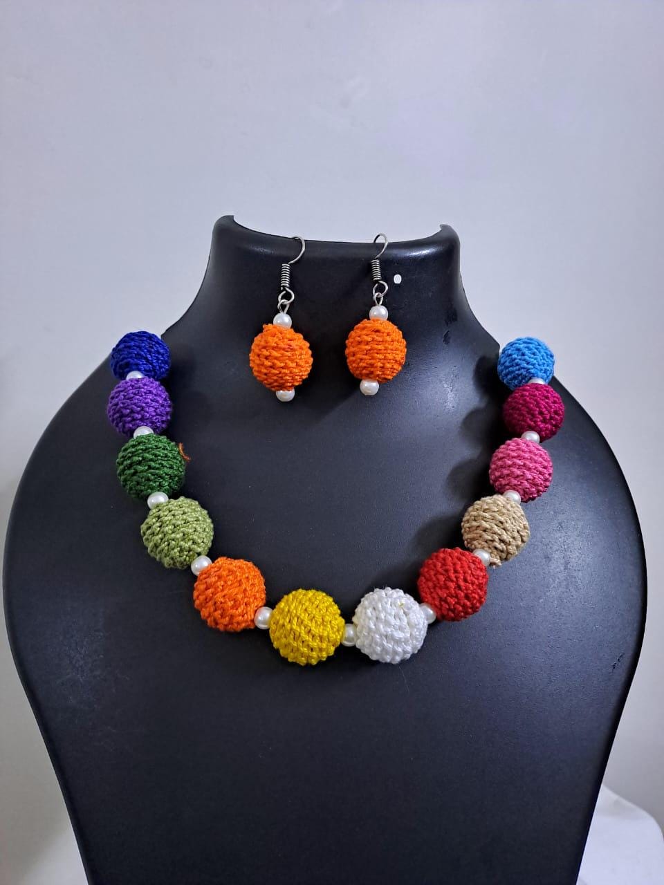 Crochet thread beads necklace set with matching earrings