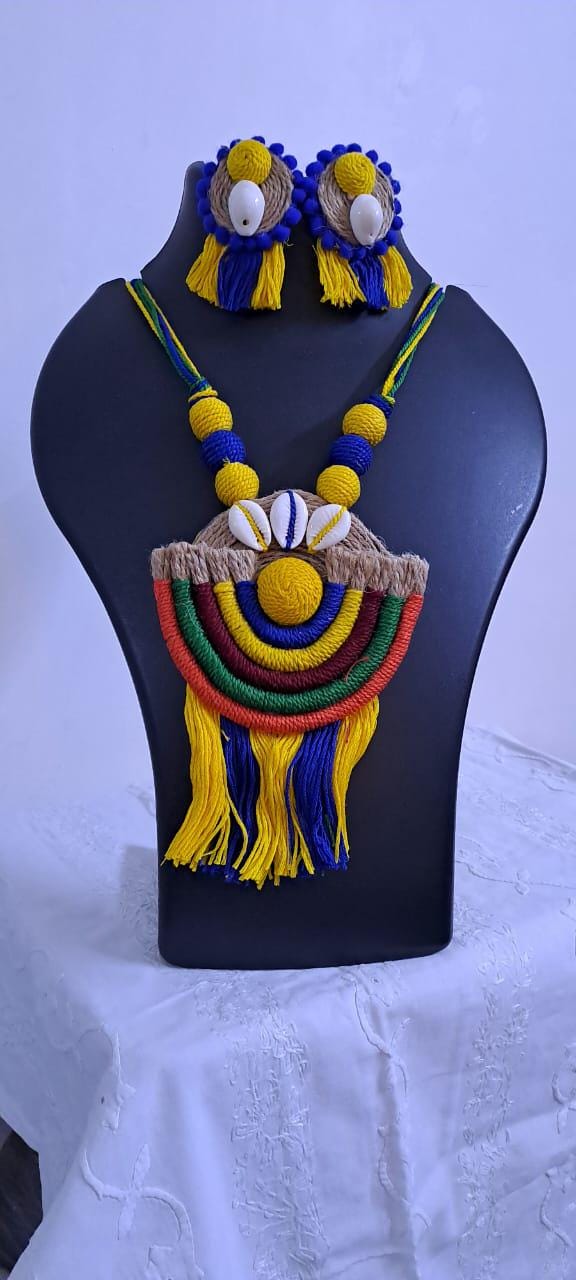 Exclusive multicoloured thread necklace set with jute n thread pendant n matching earrings