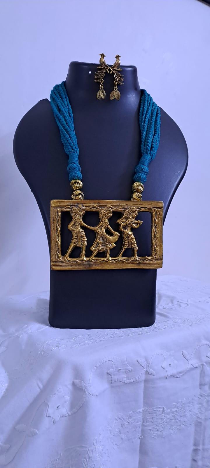 Sea green thread necklace set with dokra pendant n matching earrings